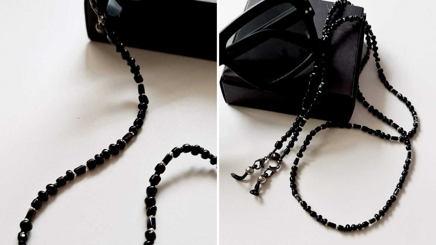 Black beaded eyeglasses and earphone holder chain